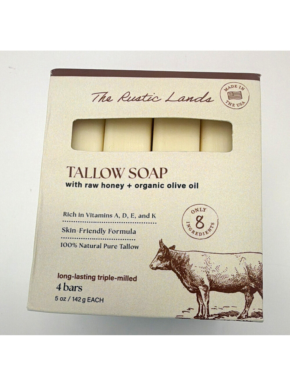 The Rustic Lands Tallow Soap Raw Honey Olive Oil Eucalyptus 4 Bars 5 oz Each